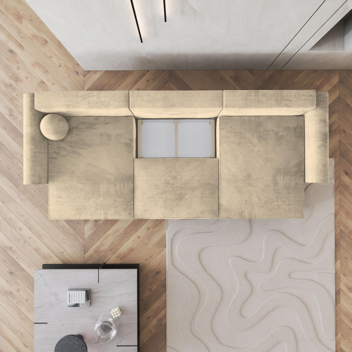 WOHNLANDSCHAFT FENTO M Creme Velours-Stoff mit Schlaffunktion - Creme, Holz (347/90/148cm) - MASSENO