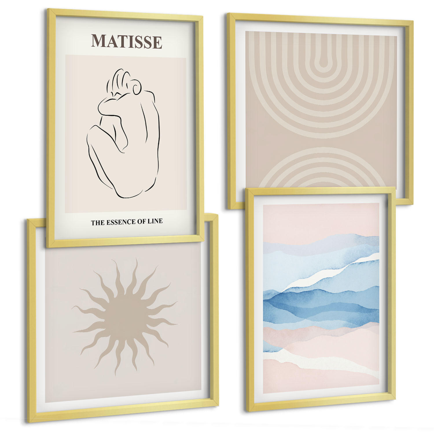 BILDER SET 4er Set - 50x50 cm & 40x60 cm Goldrahmen - Linien, Wellen, Pastellfarben, minimalistisch - Goldfarben, Kunststoff (50/50cm) - TULUP