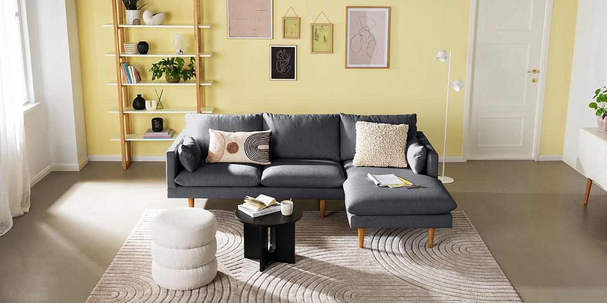 ECKSOFA mit Longchair - Webstoff - Buchefarben/Grau, Holz/Buchenholz (242/150cm) - home24