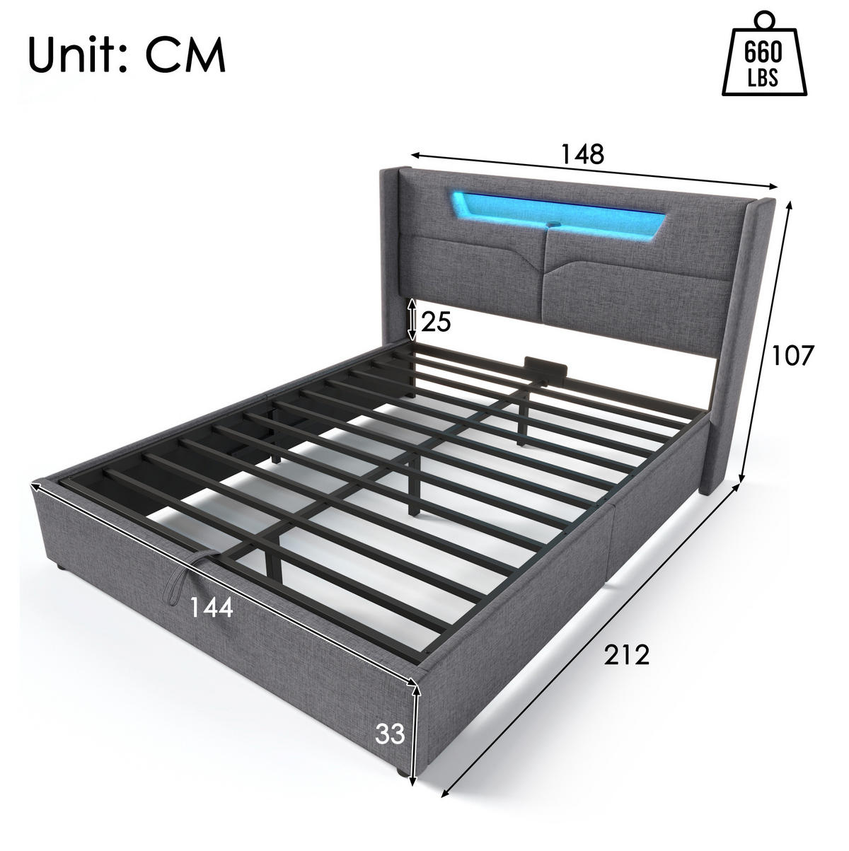 POLSTERBETT 140/200 cm grau aus Leinen mit LED und USB - Grau, Textil (140/200cm) - OKMYHOME