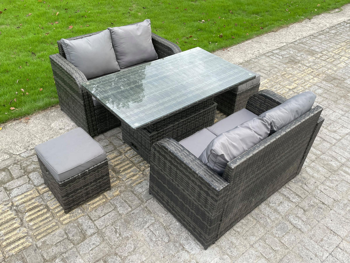 GARTENMÖBEL SET mit Esstisch Polyrattan 6-Sitzer - Dunkelgrau/Grau, Glas/Kunststoff - Fimous