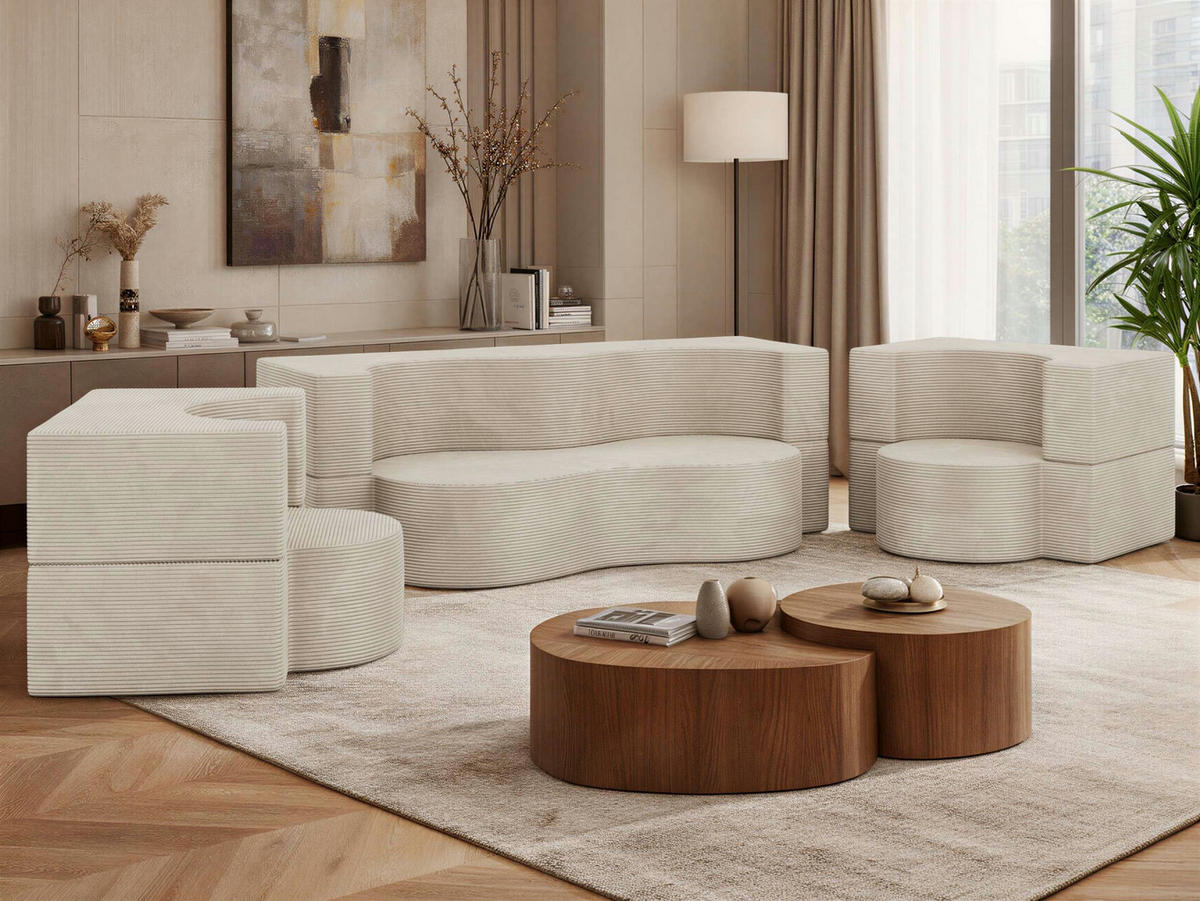 SITZGARNITUR SANOA 2+1+1 - Creme Cord - Creme, Textil (200/68/100cm) - MKS
