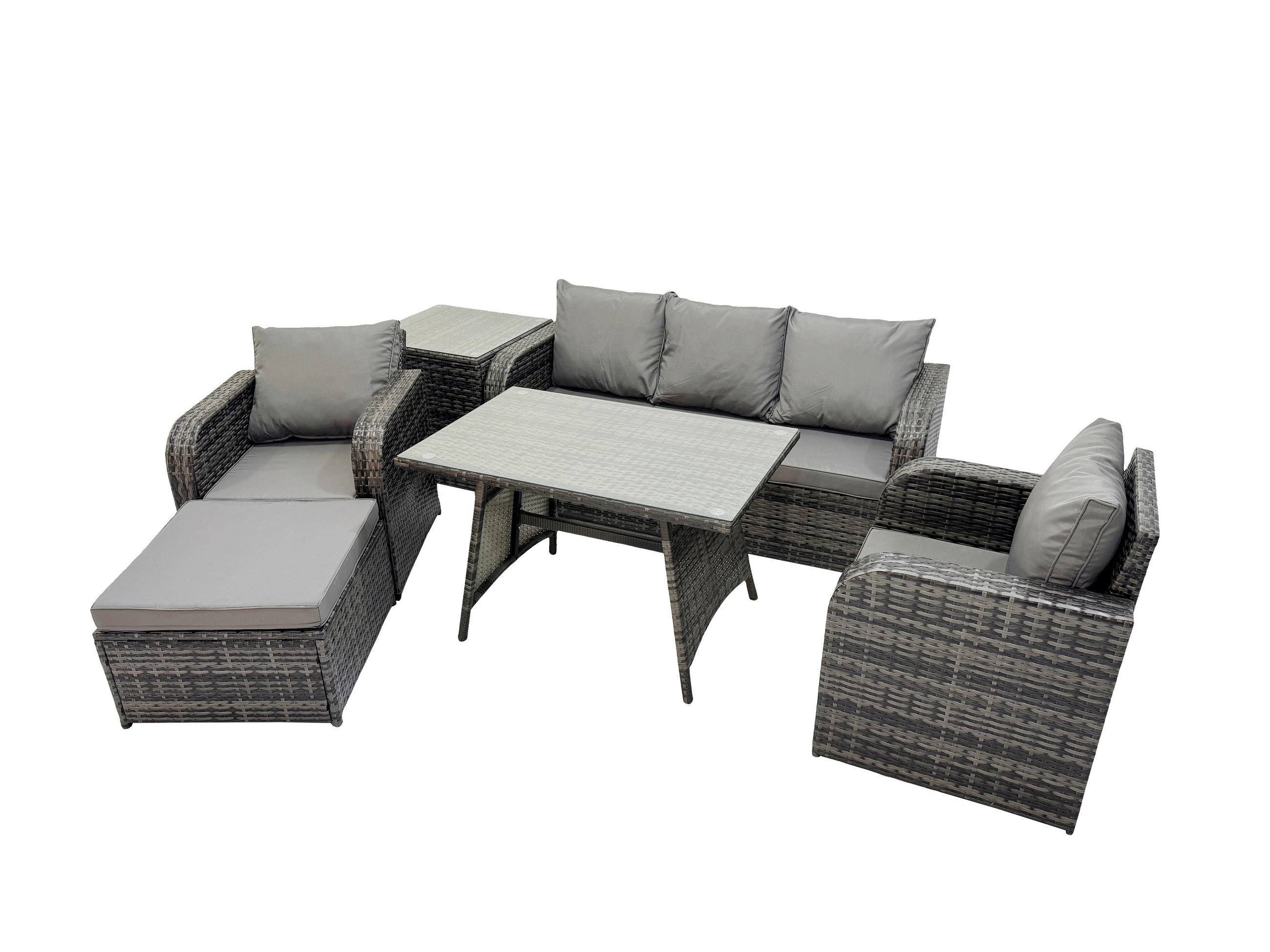 GARTENMÖBEL SET mit COUCHTISCH Polyrattan Dunkelgrau 6-Sitzer - Dunkelgrau/Grau, Glas/Kunststoff - Fimous