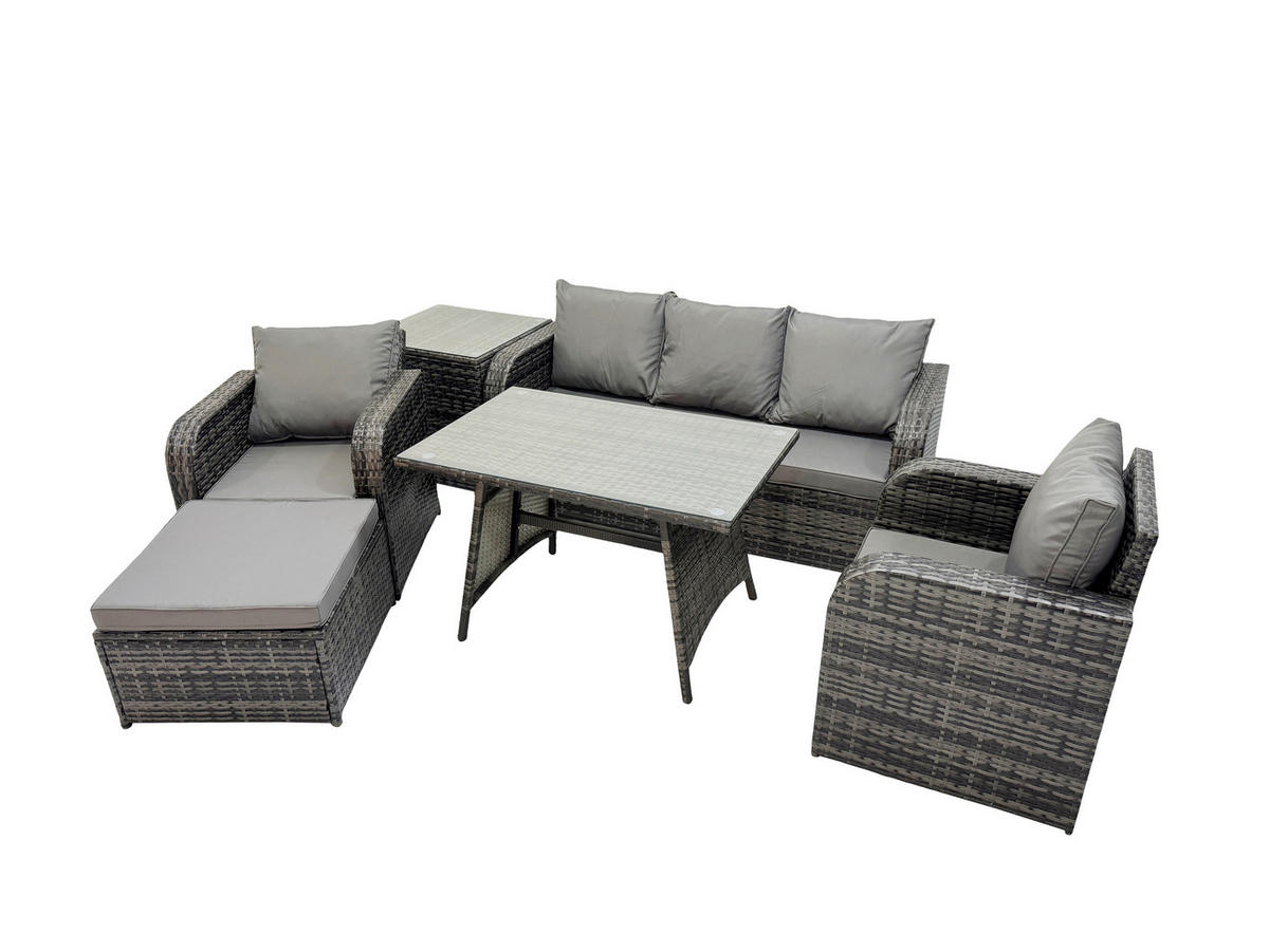 GARTENMÖBEL SET mit COUCHTISCH Polyrattan Dunkelgrau 6-Sitzer - Dunkelgrau/Grau, Glas/Kunststoff - Fimous
