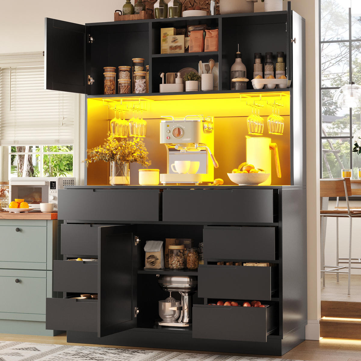 HOCHSCHRANK LED 120x40x183.5Cm 8 Schubladen Schwarz - Schwarz, Holzwerkstoff (120/183.5/40cm) - FLIEKS