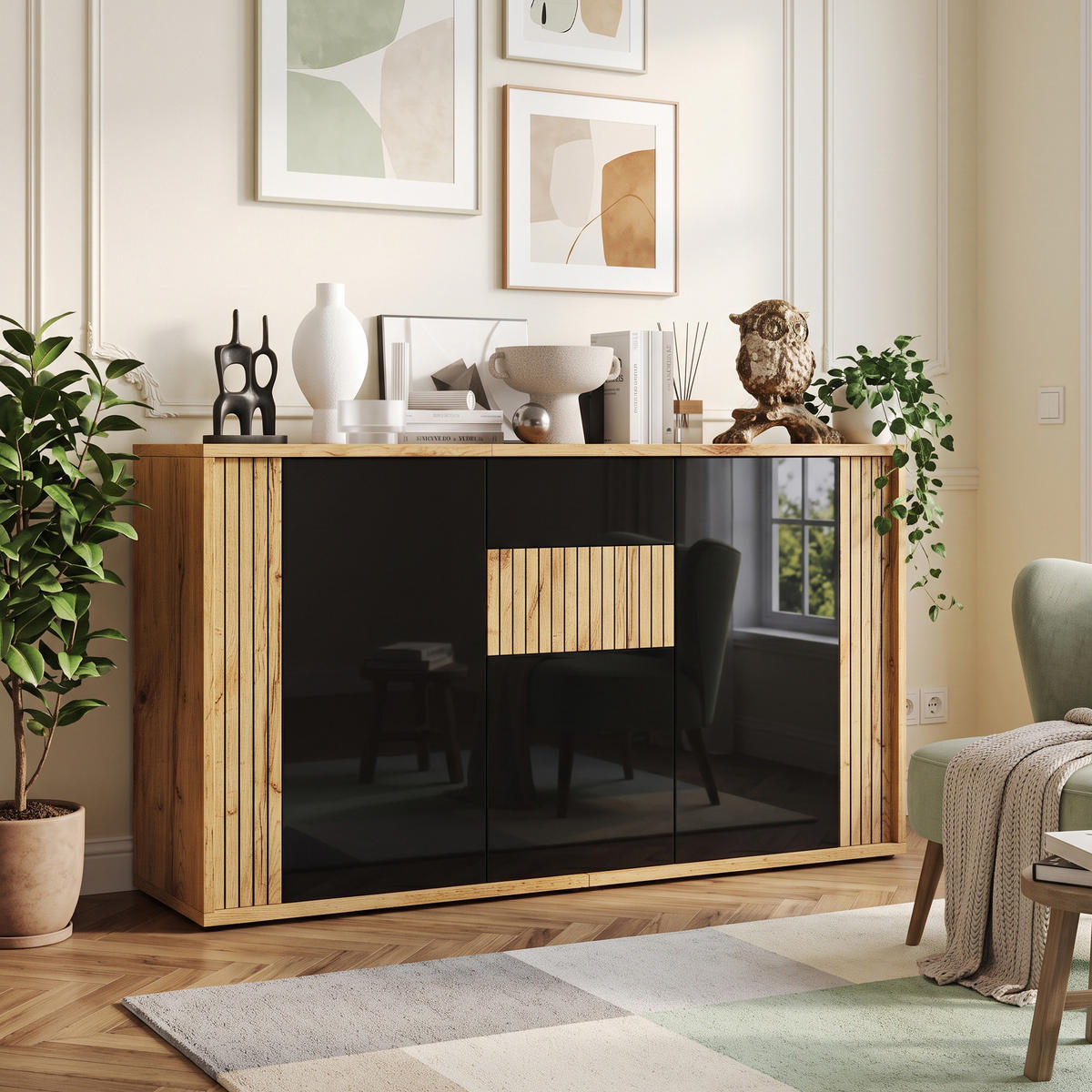 SIDEBOARD Schwarz Hochglanz & Holzton 3 Türen Wellenmuster - Naturfarben, Holzwerkstoff (140/71/35cm) - Urban Meuble