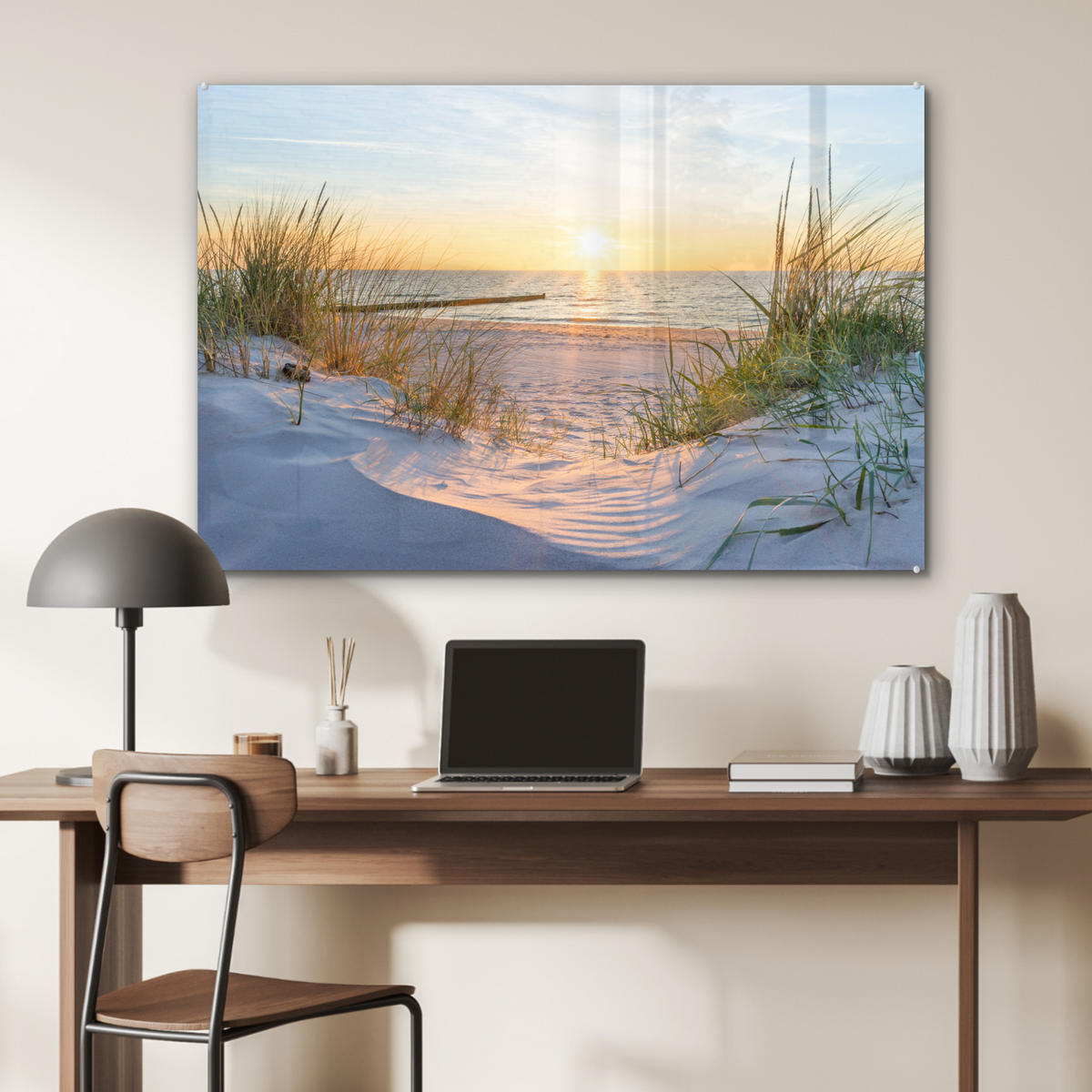 ACRYLGLASBILD Strand - Sonne - Düne - Gras - Sand - Horizont 90x60 cm - Hellblau, Glas (90/60cm) - MuchoWow