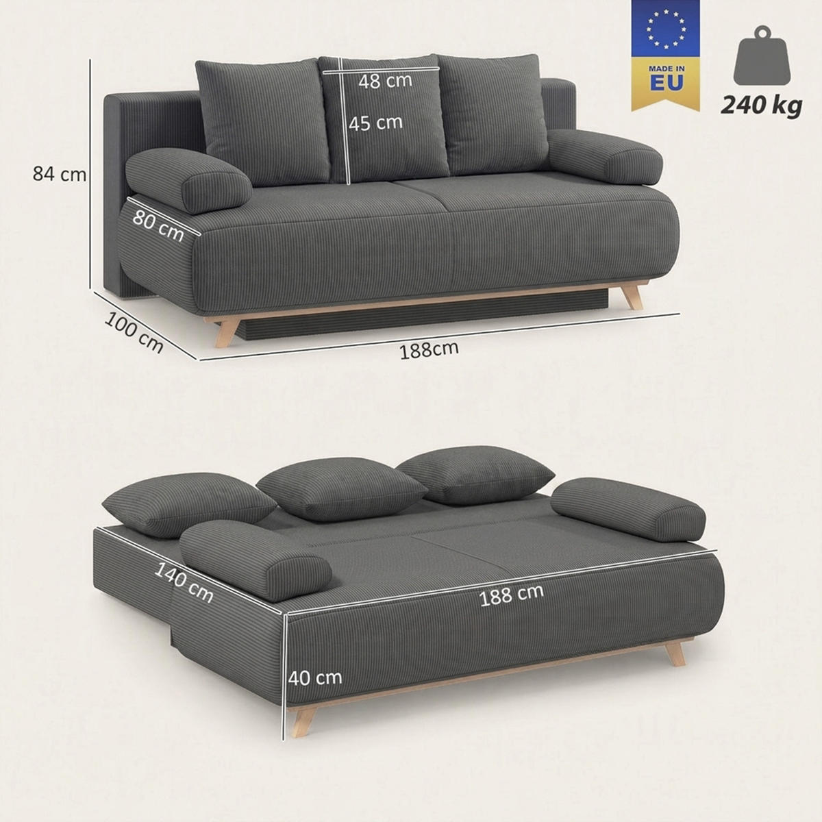 SCHLAFSOFA Grau 188.0/100.0/84.0cm - Grau, Textil (100/84/188cm)