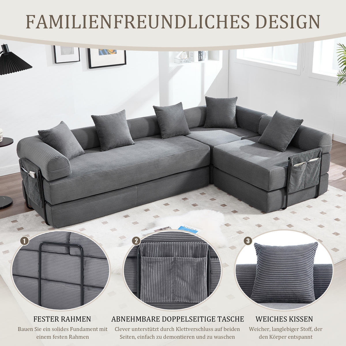 SCHLAFSOFA 270/180/64 cm Dunkelgrau mit Integrierte Seitentaschen - Dunkelgrau, Textil (270/64/180cm) - Oxeza