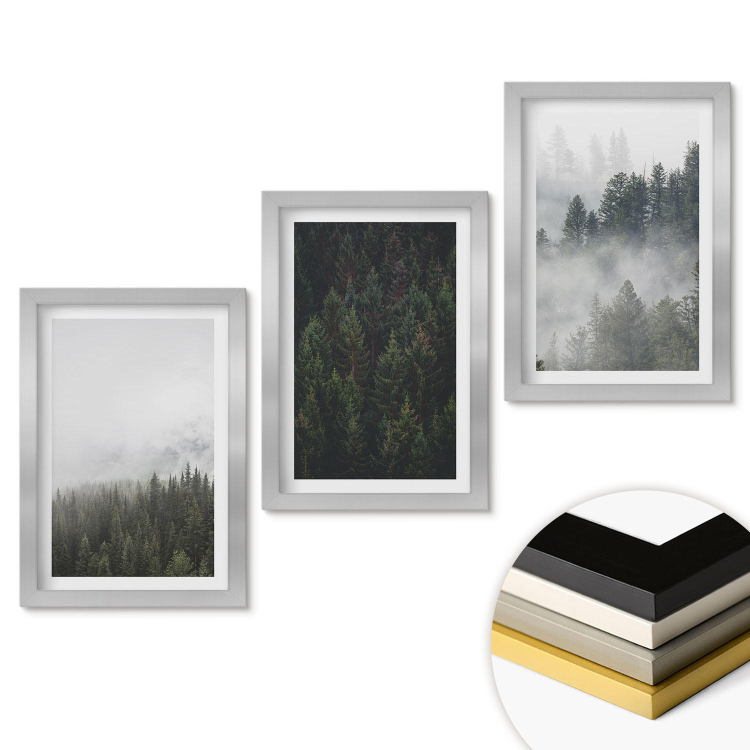 WANDBILDER 3er Set - 20x30 cm Silberner Rahmen - Grüne Wälder Nebel Natur - Silberfarben, Kunststoff (20/30cm) - ArtPrintCave