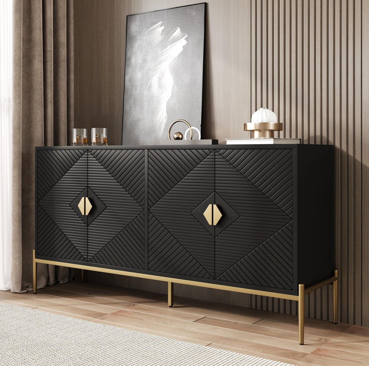 KOMMODE 162/40/80 cm mit 4 Türen, Metallbeinen und goldfarbenen Griffen - Schwarz, Holzwerkstoff (162/80/40cm) - BEAOK