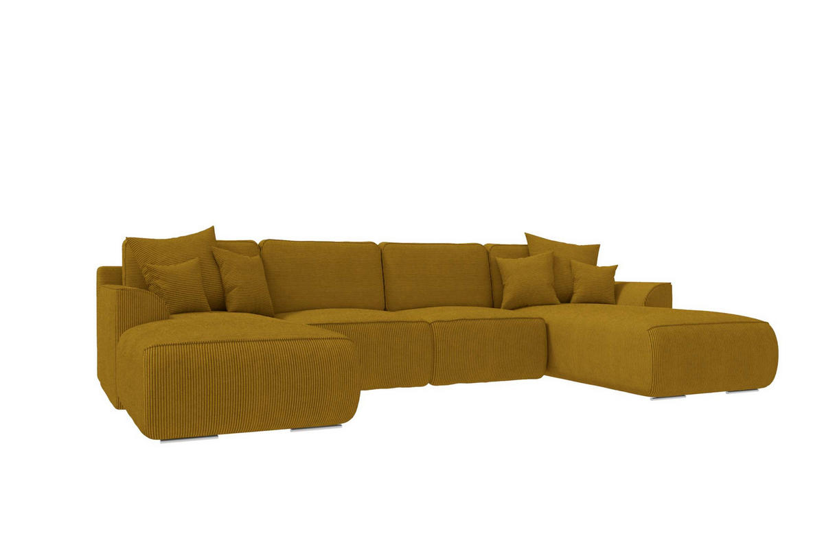 WOHNLANDSCHAFT GUSTO Cordstoff Goldfarben inkl. Schlaffunktion - Chromfarben/Goldfarben, Kunststoff/Textil (306/96/194cm) - 99rooms