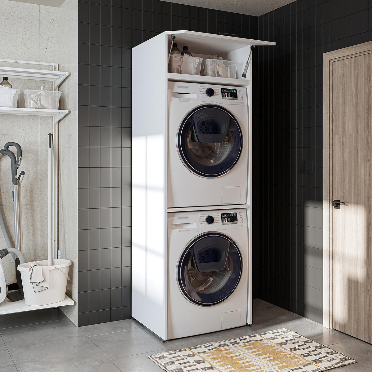 WASCHMASCHINENSCHRANK DUO-II 67cm Breit, 205cm Hoch - Weiß, Holzwerkstoff (67/205/67cm)