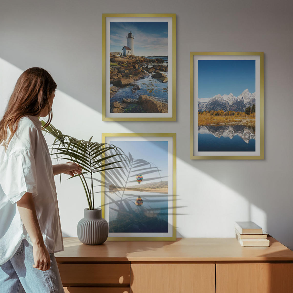 WANDBILDER 3er Set - 40x60 cm Goldrahmen - Naturansichten, Leuchtturm, Berge, Ballonfahrt - Goldfarben, Kunststoff (40/60cm) - ArtPrintCave