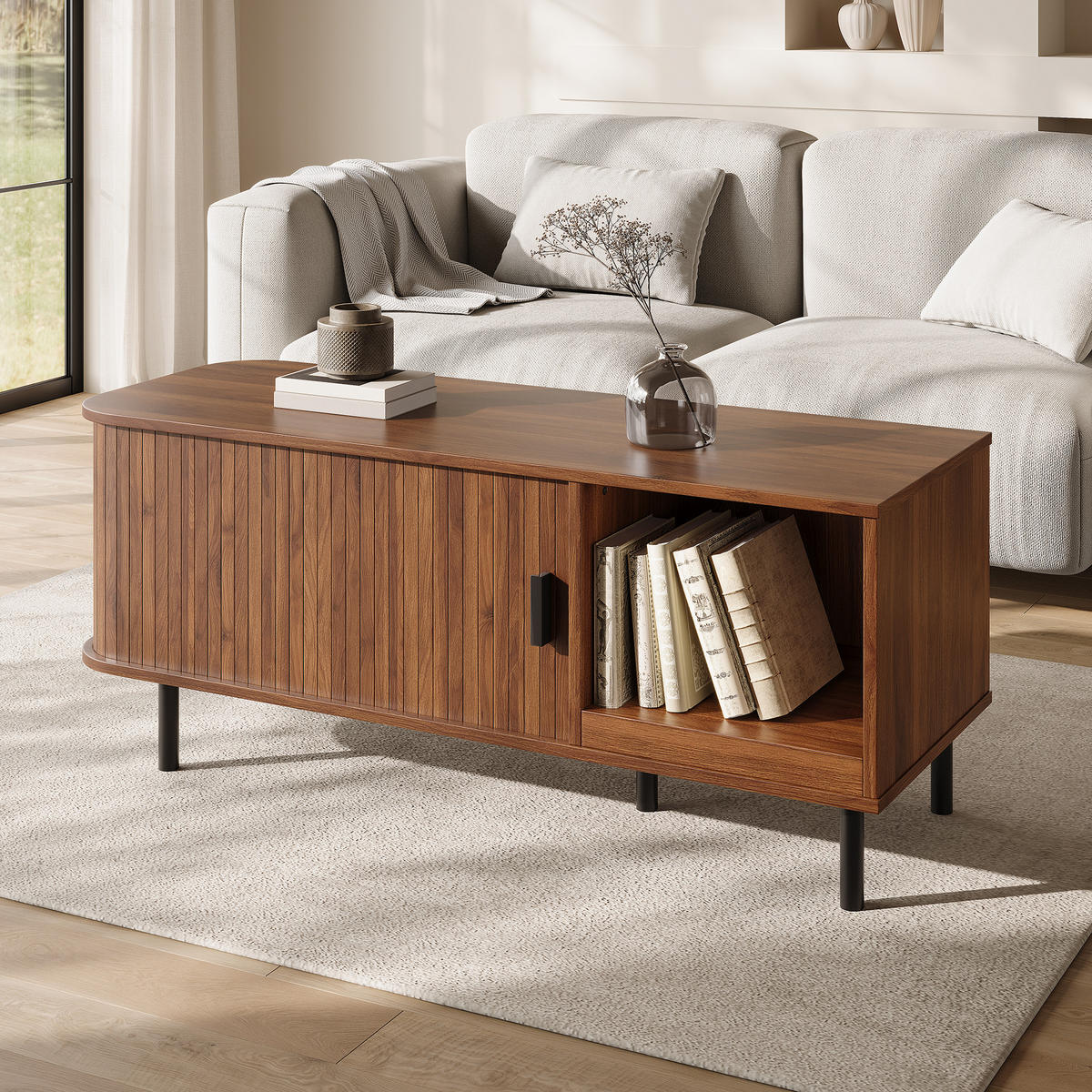 COUCHTISCH mit Schiebetür, Lamellenoptik und Stauraum - Walnussfarben, Holzwerkstoff (40/110/55cm) - FLIEKS