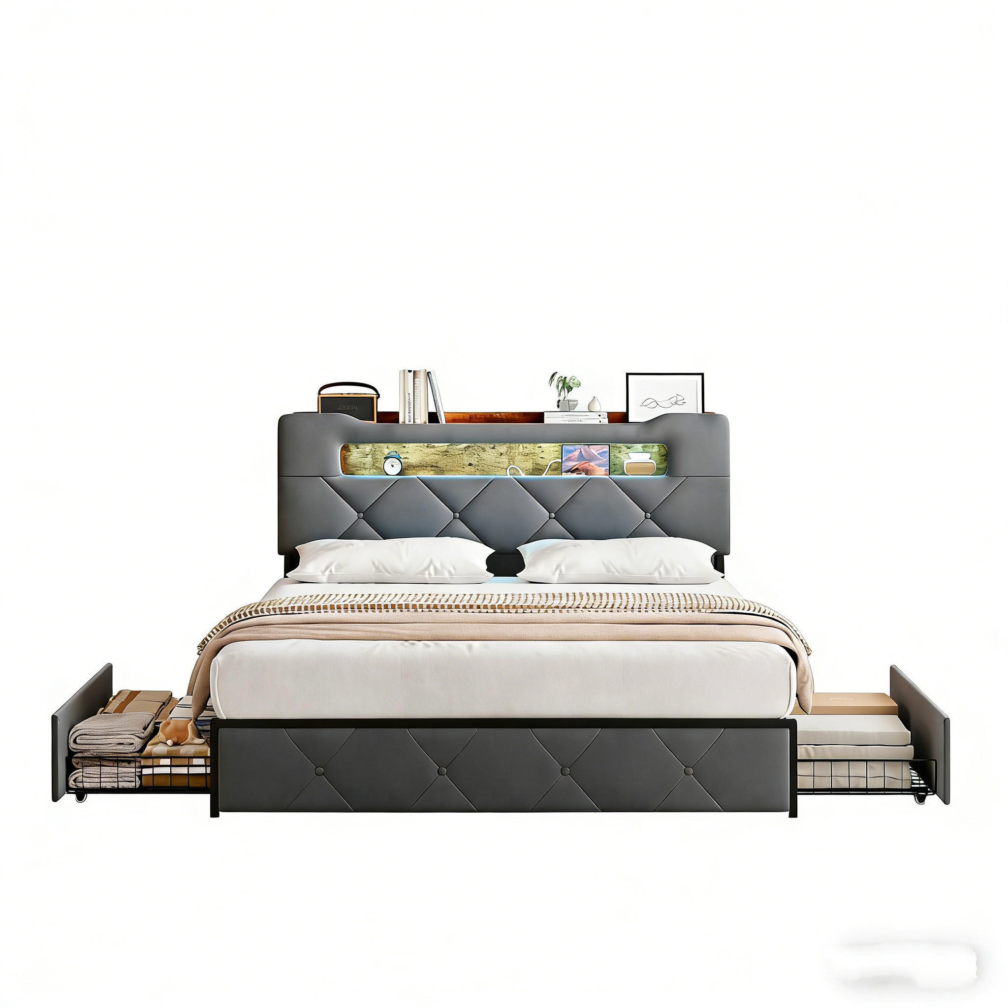 POLSTERBETT 140x200 cm mit LED-Beleuchtung und Ladefunktion, Bettgestell mit Lattenrost - Grau, Holz/Metall (140/200cm) - PARAFTA HOME