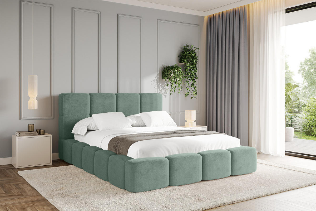 POLSTERBETT mit Bettkasten und Lattenrost mit Kopfteil, Boxbett ohne Matratze, mit Stauraum - NATA 160x200 Grün - Grün, Holzwerkstoff/Textil (160/200cm) - ALTDECOR