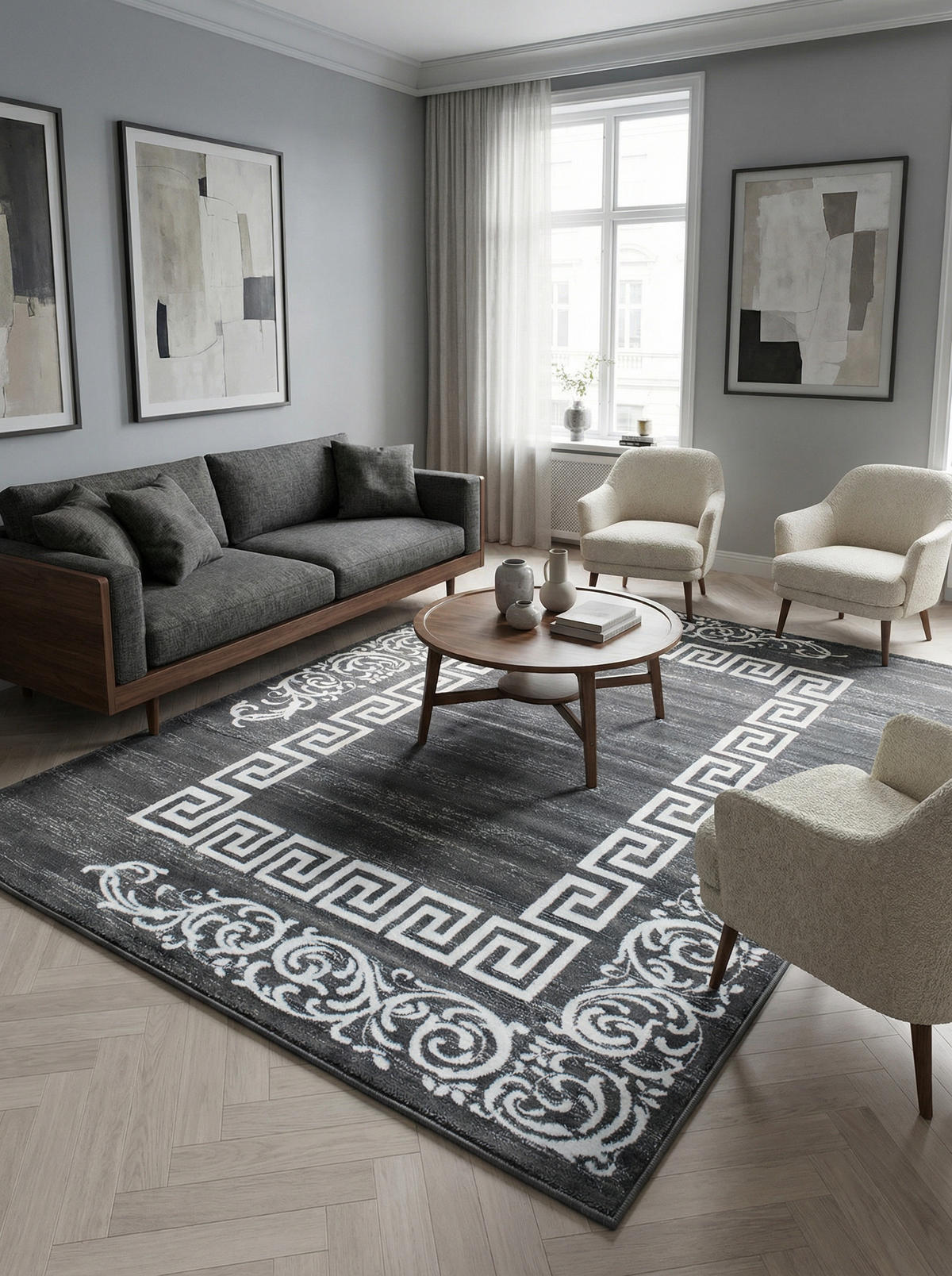 TEPPICH Kurzflor Mäander Polypropylen saugroboter Wohnzimmer Grau Rechteckig 160x230 - Grau, Textil (160/230cm) - KADIMA DESIGN