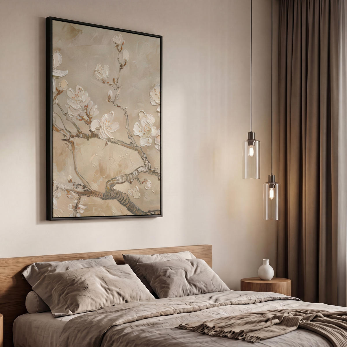 LEINWAND Bilder mit Rahmen - Blumen - Modern - Beige - Weiß - Blüte - 60x90 - Beige, Textil (60/90cm) - MuchoWow