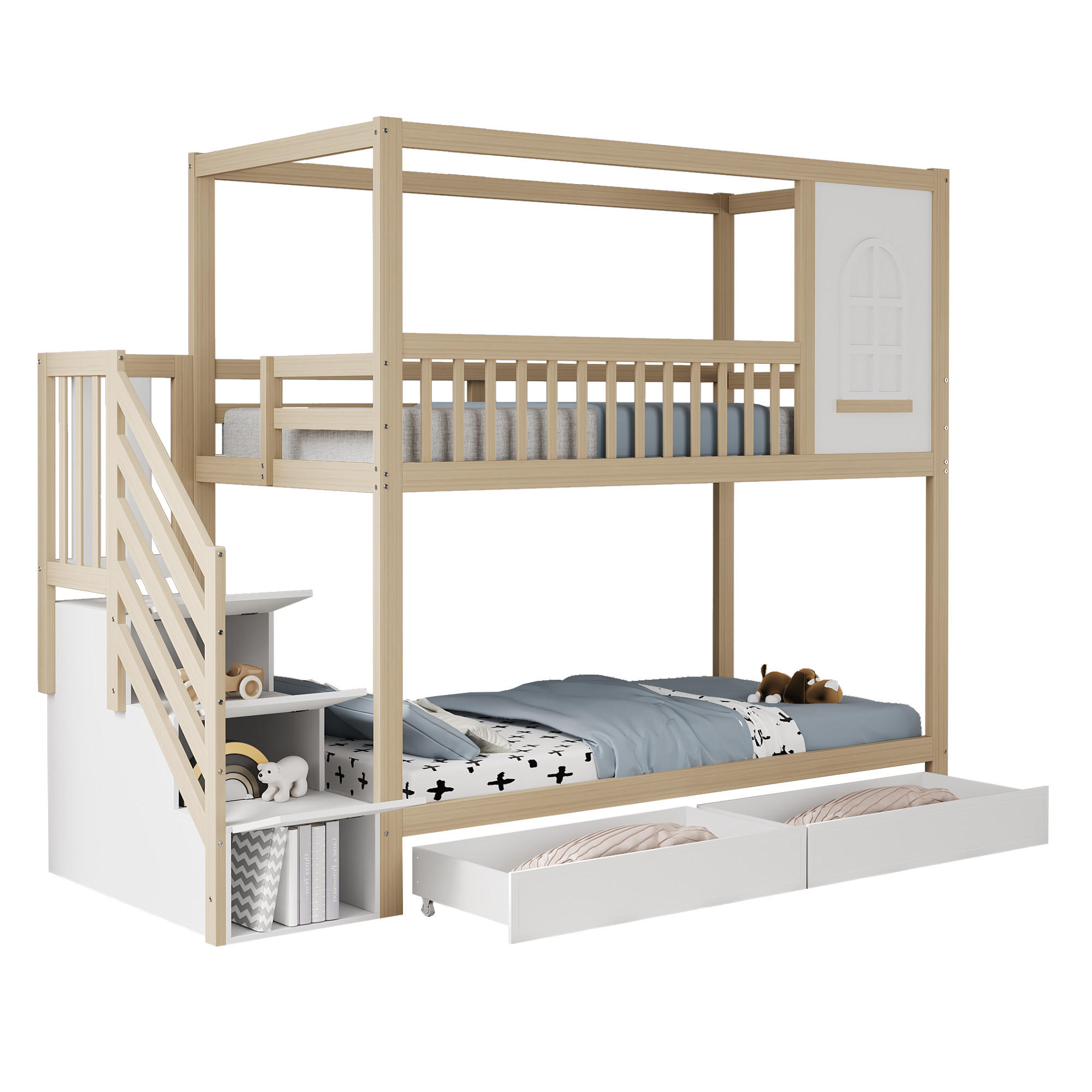 ETAGENBETT aus Massivholz 90x200 cm in Natur mit Schubladen & Sicherheitsleiter - Naturfarben, Holz (90/200cm) - Modfu