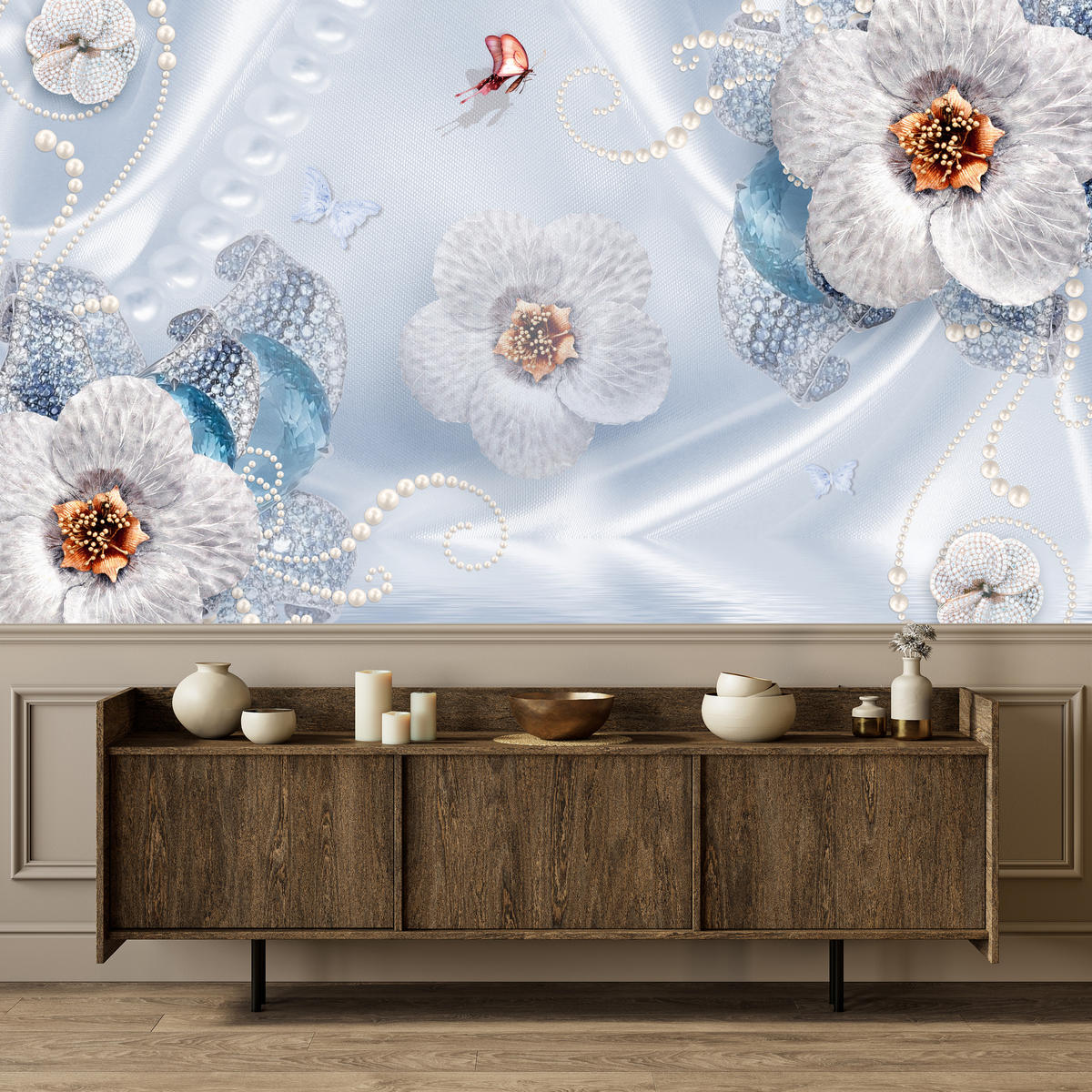 FOTOTAPETE für Schlafzimmer Blumen Perlen Schmetterlinge Blau 450x315 - Blau/Gelb, Papier (450/315cm) - Muralo
