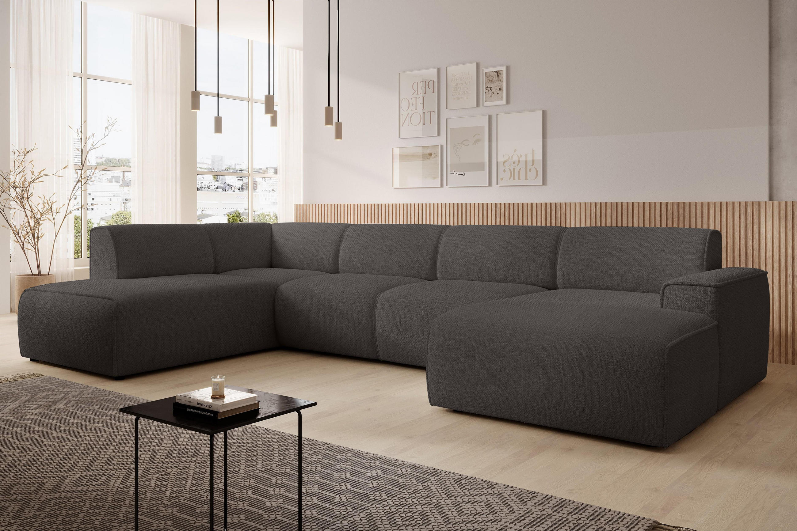WOHNLANDSCHAFT Didim Grau 378/220/78 cm – großes Sofa stilvoll & bequem L - Schwarz/Grau, Kunststoff/Textil (220/78/378cm) - AX Living