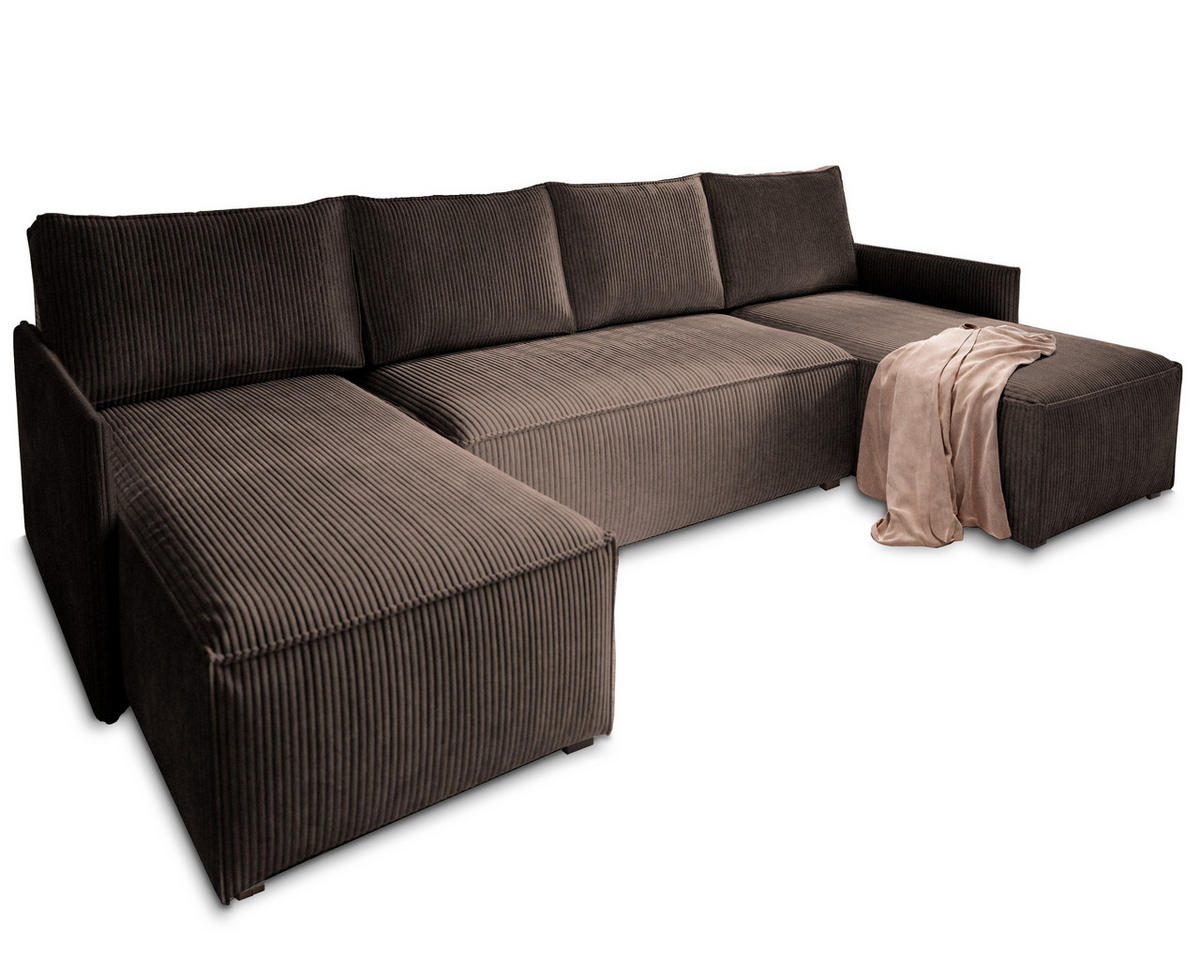 WOHNLANDSCHAFT TRES Braun Kordstoff mit Schlaffunktion - Braun, Holz (271/85/140cm) - MASSENO