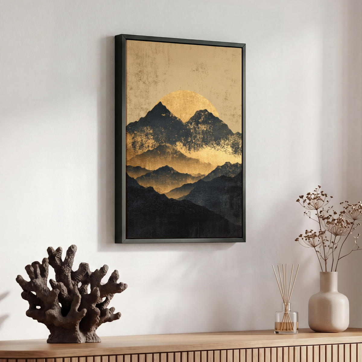 LEINWAND Bilder mit Rahmen - Goldene Berge bei Mondschein - 30x40 - Goldfarben, Textil (30/40cm) - MuchoWow
