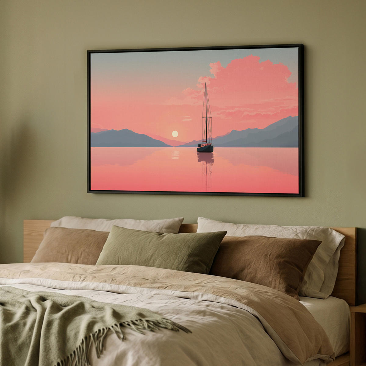 LEINWAND Bilder mit Rahmen - Segelboot - Rosa Meer - Sonnenuntergang - Berge - 90x60 - Rosa, Textil (90/60cm) - OnlyWow