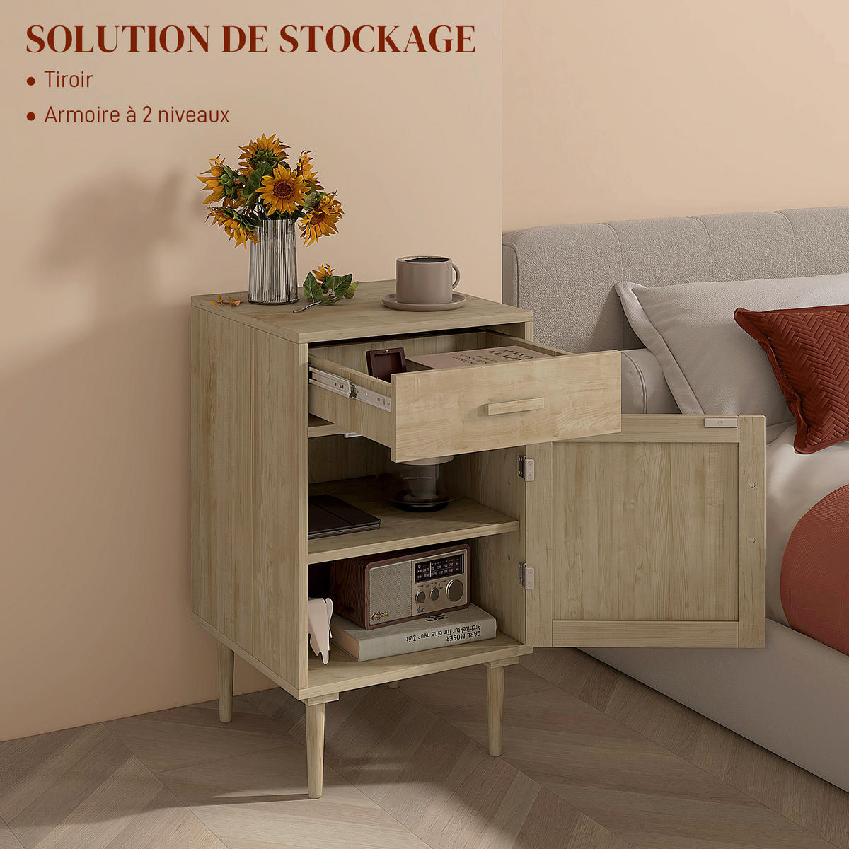 NACHTSCHRANK DE-12831 Schublade und Rattantür Natur - Naturfarben, Holzwerkstoff (40/68.5/40cm) - ComfortXL