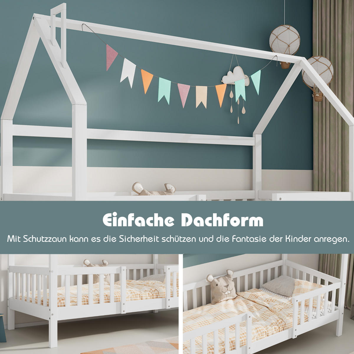 HAUSBETT 90/200 cm Weiß aus Kiefernholz mit robustem Lattenrost - Weiß, Holz (90/200cm) - OKWISH