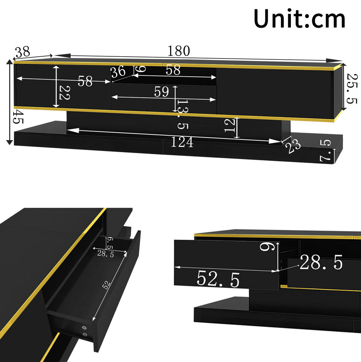 LOWBOARD 180/38/45 cm aus Holzwerkstoff mit LED-Beleuchtung Schwarz/Gold - Schwarz, Holzwerkstoff (180/45/38cm) - Modenvie