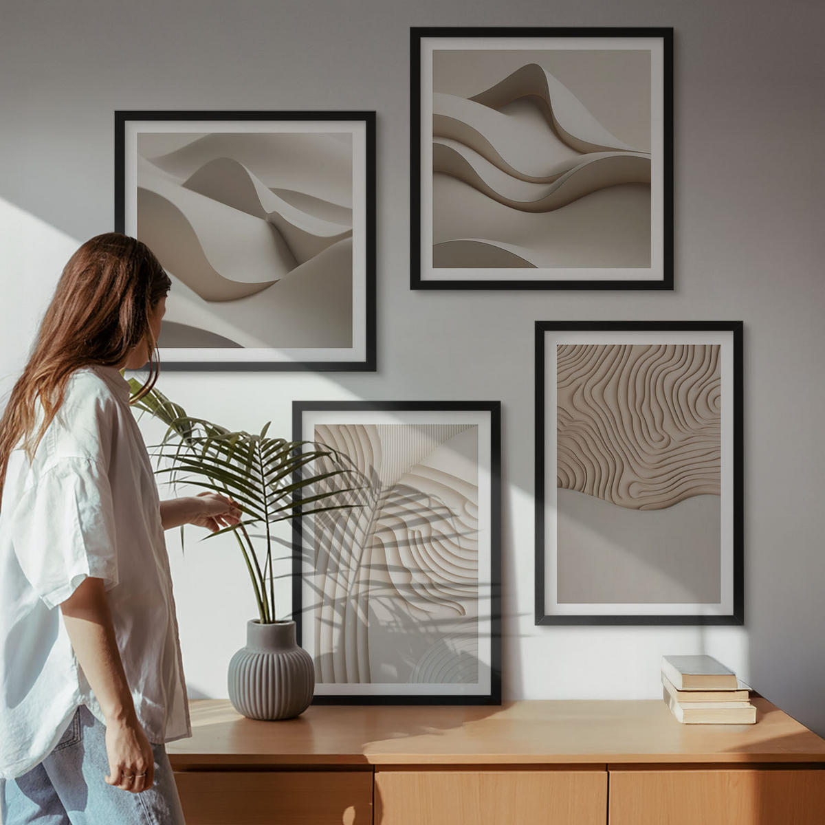 BILDER SET 4er Set - 50x50 cm & 40x60 cm Schwarzer Rahmen - Abstrakte Wellen auf dem Sand - Schwarz, Kunststoff (50/50cm) - TULUP