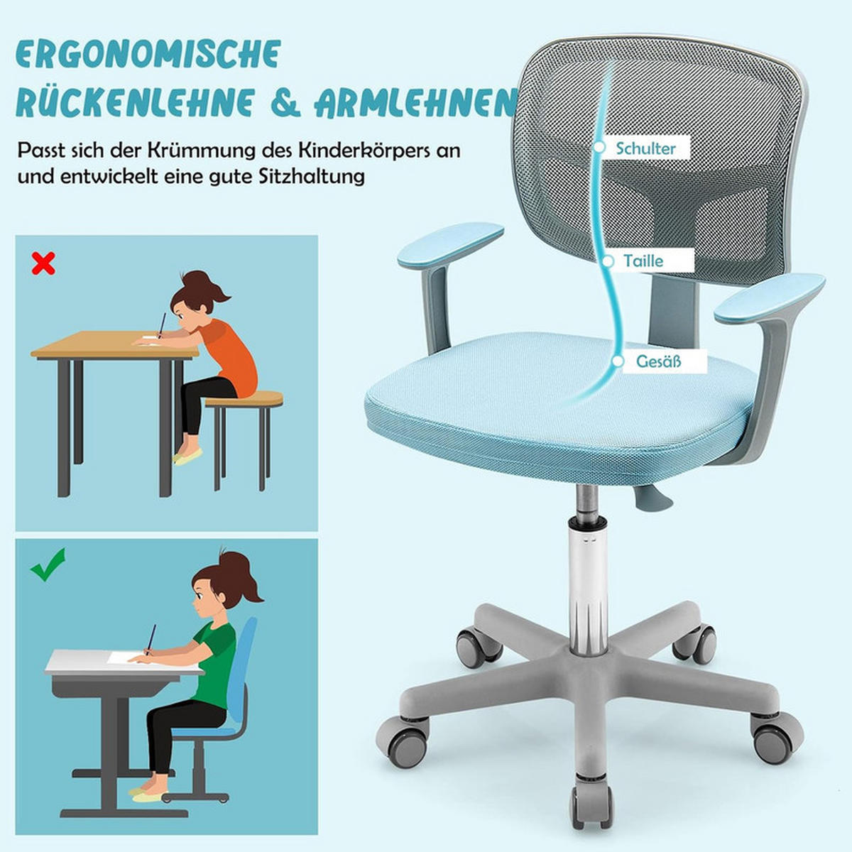 KINDER‑BÜROSTUHL 360°drehbar blau - Blau, Kunststoff (54/80/54cm) - COSTWAY