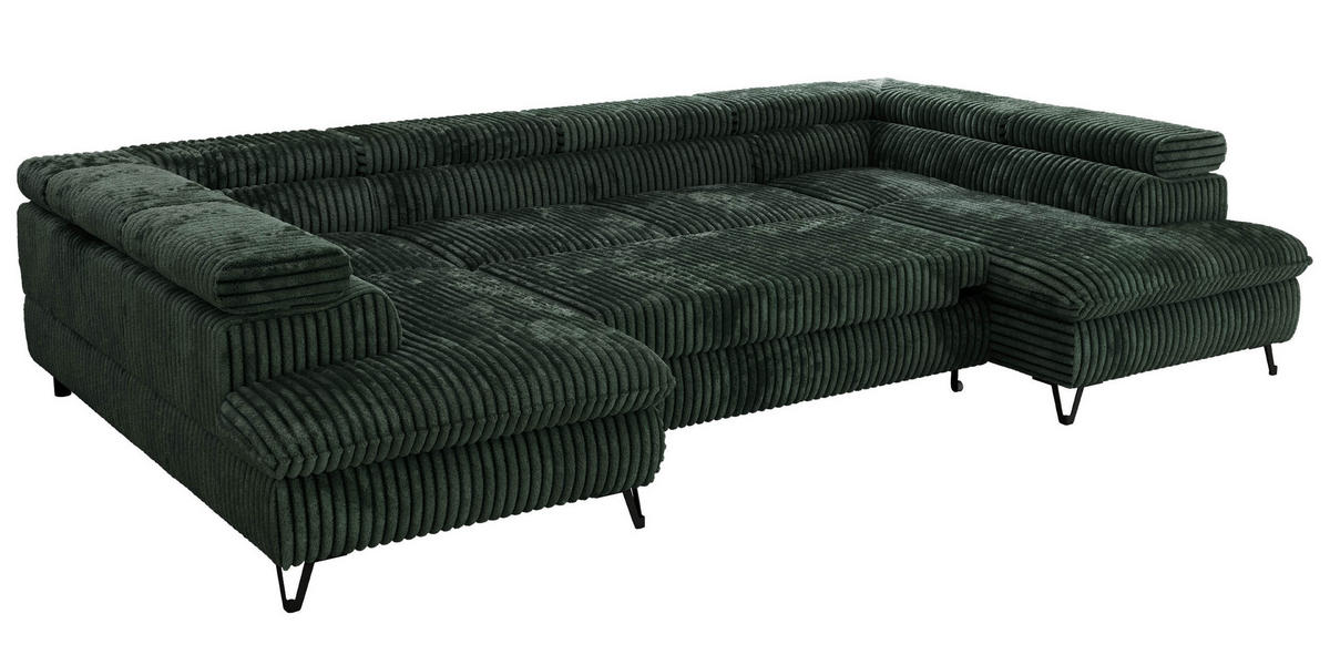 WOHNLANDSCHAFT PABLO U Cord Dunkelgrün mit Topper T25 - Schwarz/Grün, Textil/Metall (346/76/208cm) - MKS