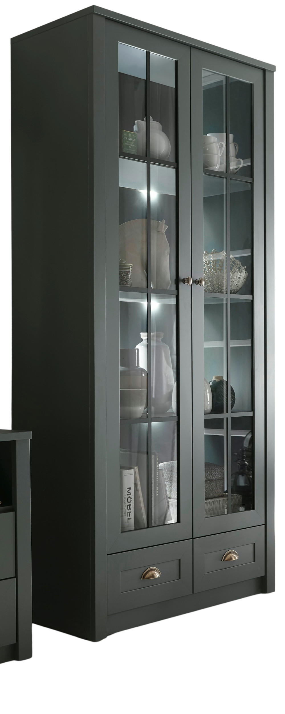 VITRINE grün Landhaus 90 x 197 cm, Vitrinenschrank für Wohn- und Esszimmer - Chromfarben/Schwarz, Glas/Holzwerkstoff (90/197/43cm) - Furn.Design