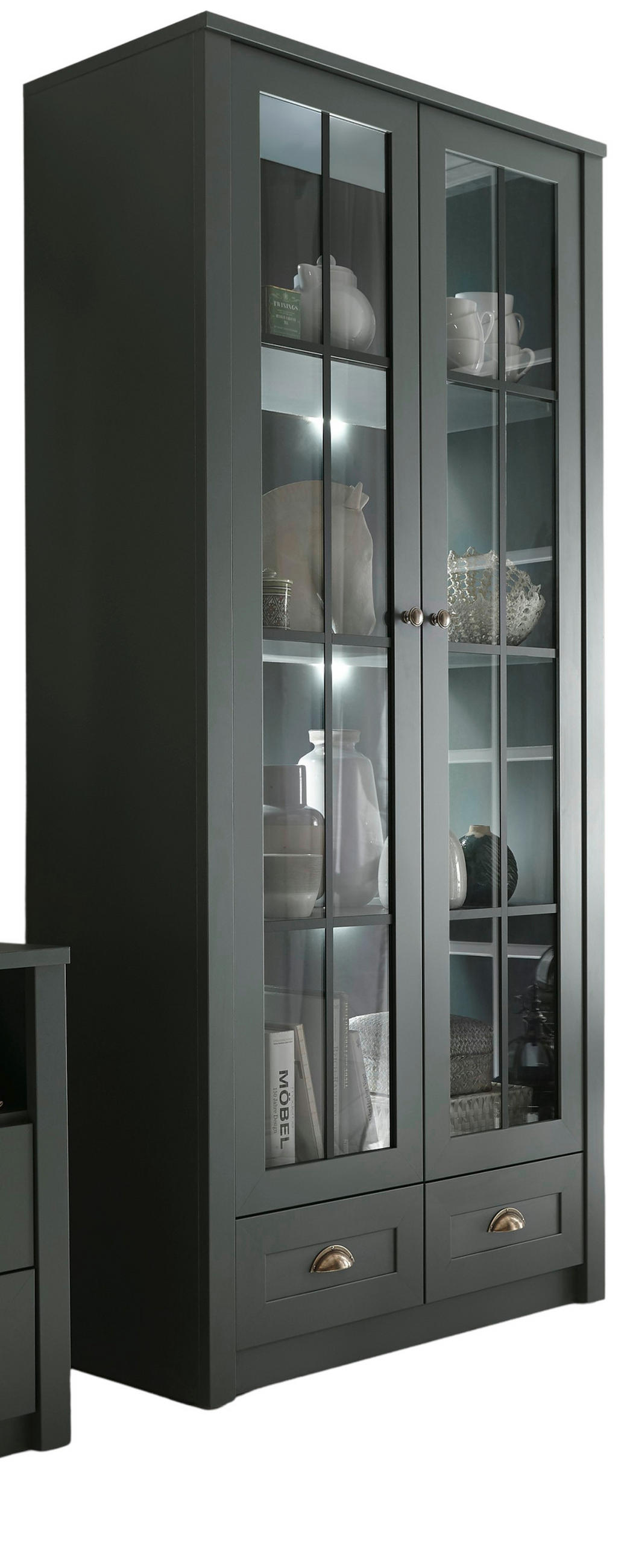 VITRINE grün Landhaus 90 x 197 cm, Vitrinenschrank für Wohn- und Esszimmer - Chromfarben/Schwarz, Glas/Holzwerkstoff (90/197/43cm) - Furn.Design