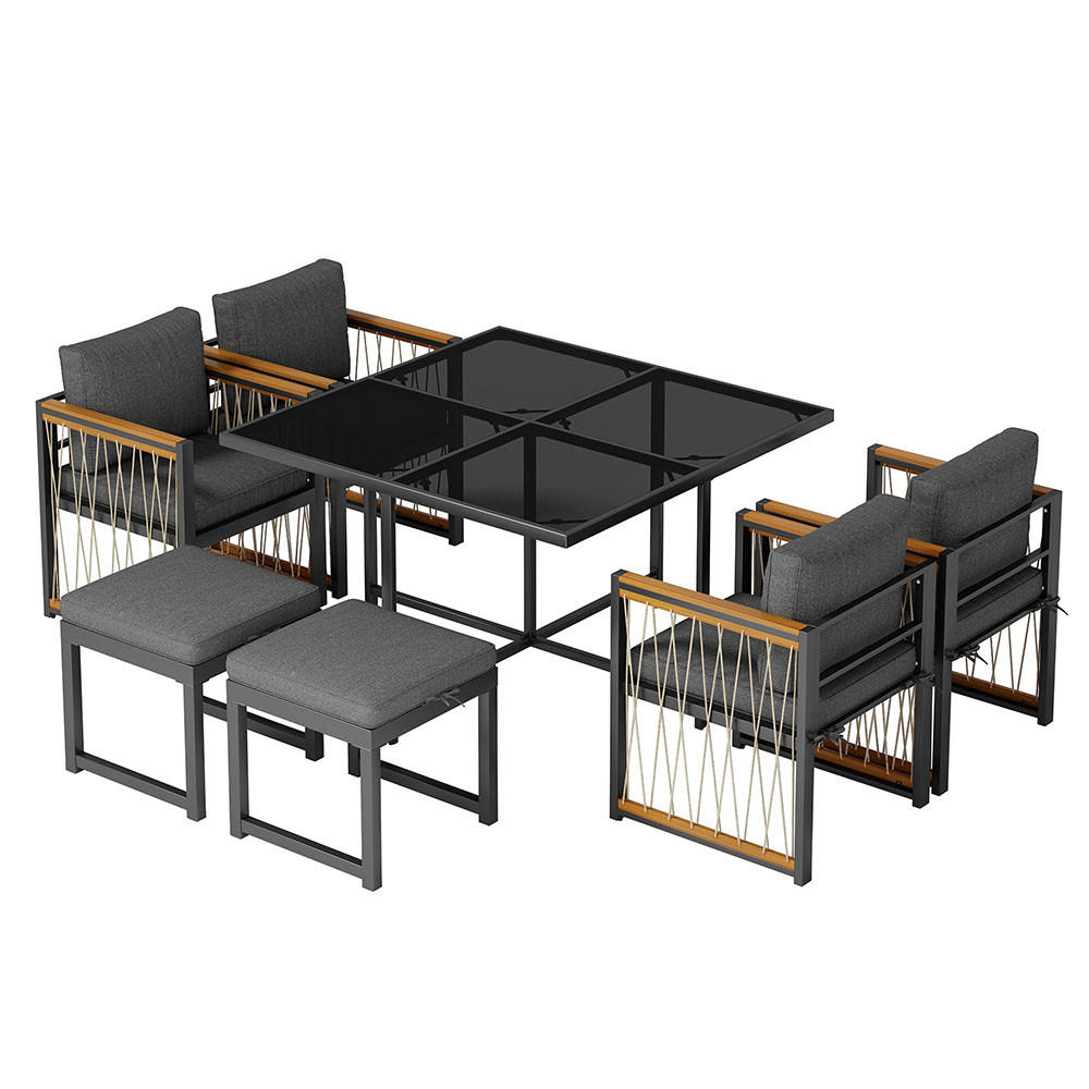 DINING-LOUNGESET für 6 Personen mit Tisch aus gehärtetem Glas - Schwarz, Metall - KOMHTOM