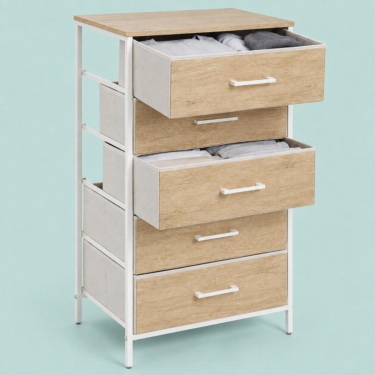 KOMODA Drvni dekor-Bijela 5 ladica - svijetlo smeđa, drvni materijal/metal (45/94/30cm) - Relaxdays