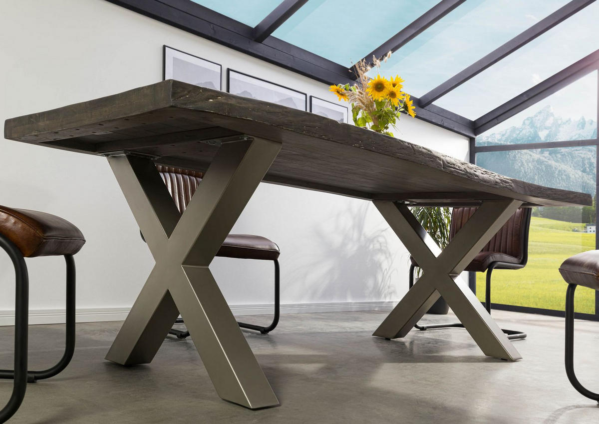 BAUMTISCH Mango 240x100x77 grau lackiert / X-Beine silber matt FREEFORM 5 - Grau, Holz (240/100/77cm) - Massivmoebel24