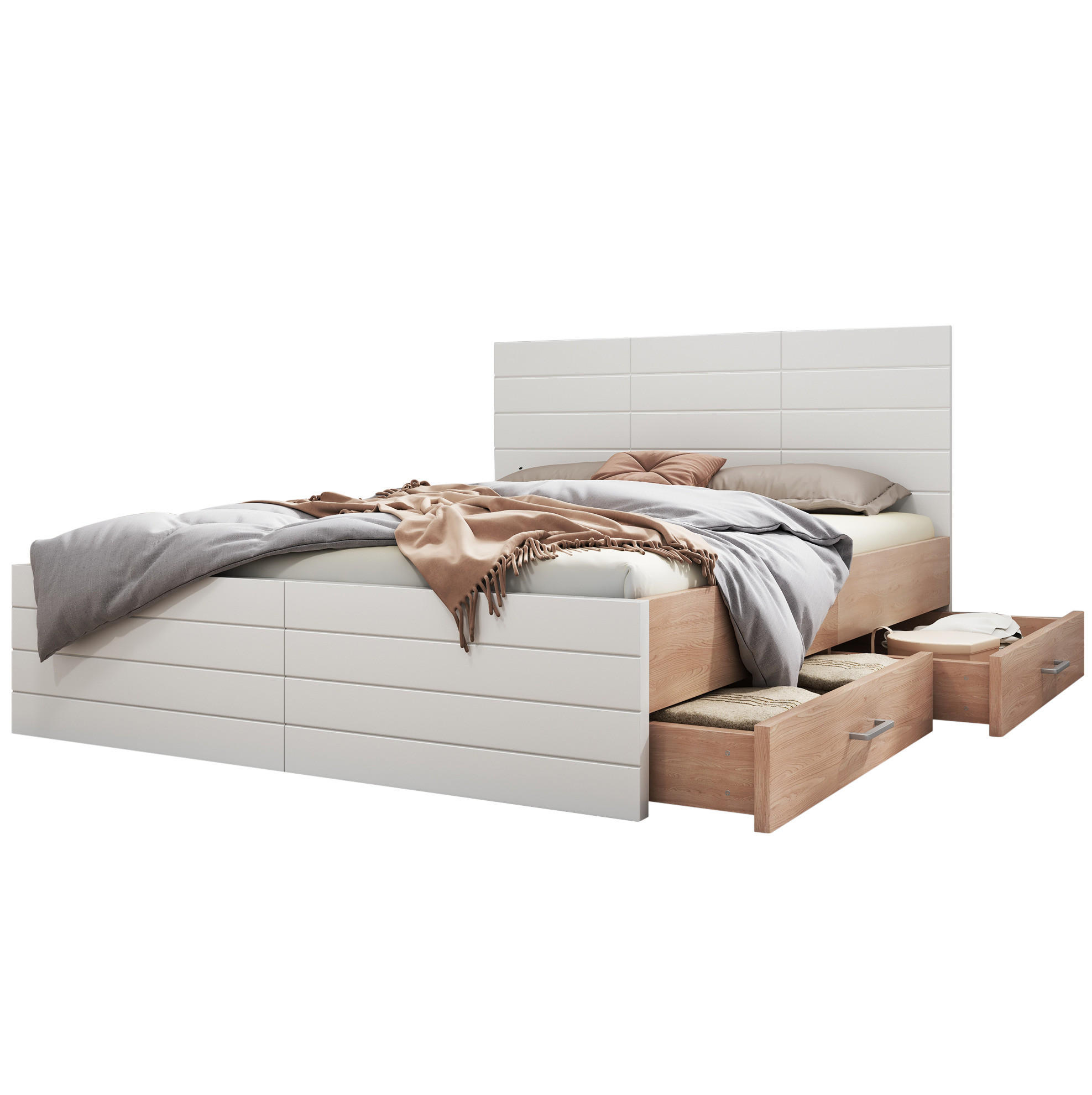 Modfu MANŽELSKÁ postel z masivu a MDF 140x200 cm bílá/světlý dub se 2 zásuvkami, roštem a matrací