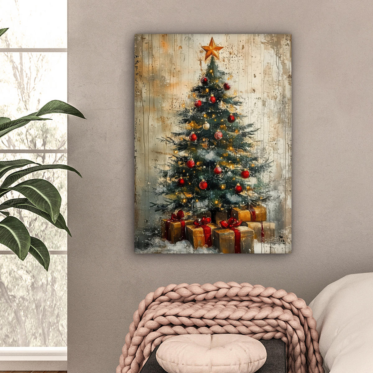 LEINWANDBILD Weihnachtsbaum - Vintage - Weihnachten - Geschenk 60x80 cm - Rostfarben, Textil (60/80cm) - MuchoWow