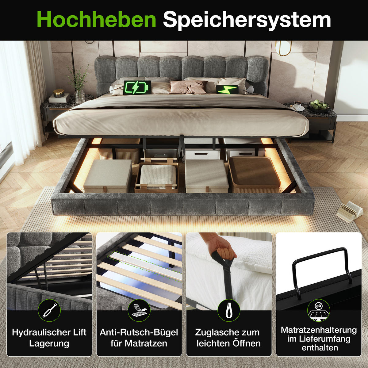 POLSTERBETT 140/200 mit Bettkasten, LED und USB in Grau - Grau, Holzwerkstoff/Textil (140/200cm) - EVRYAE