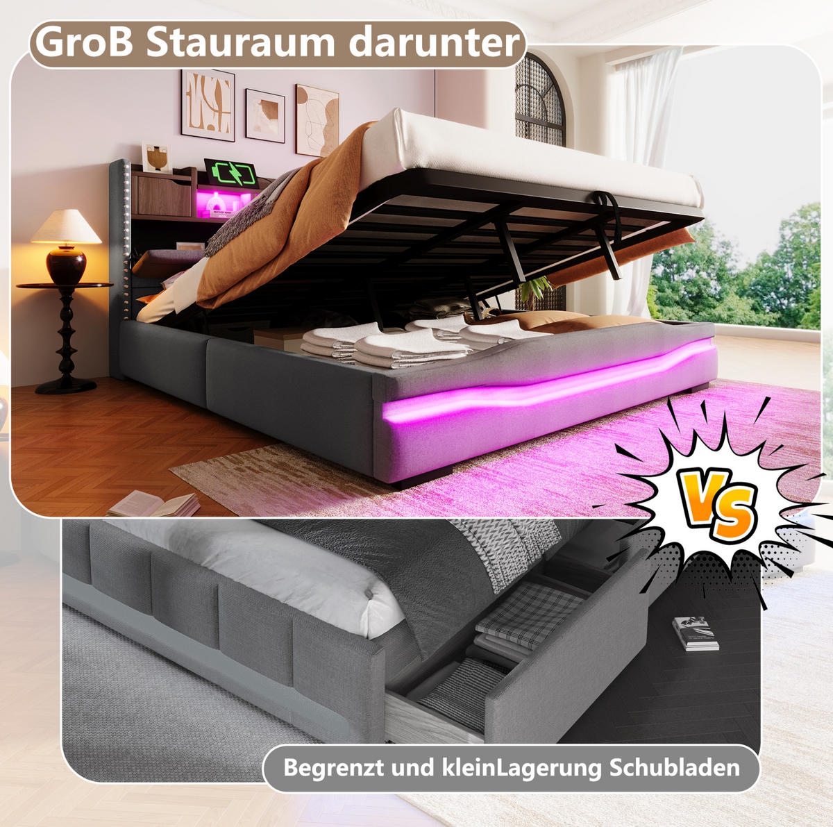 POLSTERBETT 180/200 cm aus Leinen mit LED-Beleuchtung, Grau - Grau, Textil (180/200cm) - OKMYHOME