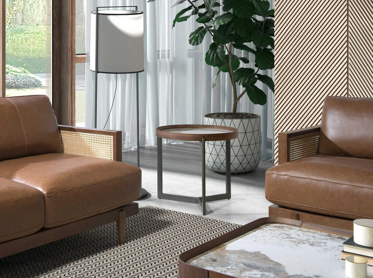 ECKTISCH Runder Couchtisch aus Porzellanmarmor, Walnuss und dunklem Metallstahl Ø62/56 cm - Walnussfarben/Weiß, Holz (62/62/56cm) - ANGEL CERDA