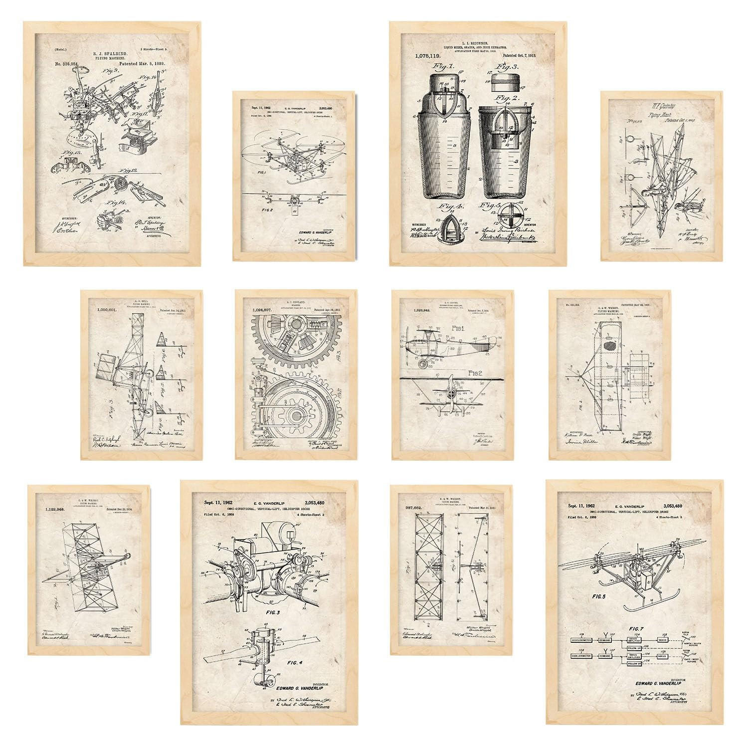 POSTER Set Mit 12 Flugmaschinenpatente A3 Rahmen Aus Hellem Holz - Beige, Papier (29.7/5/42cm) - Nacnic