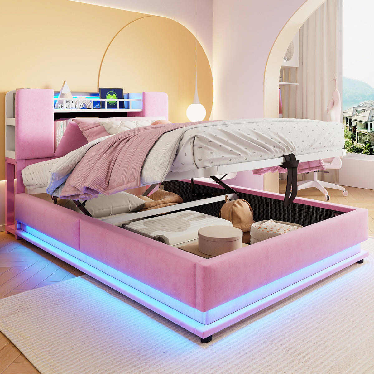 KINDERBETT mit LED, USB und Stauraum 90x200 cm Rosa - Pink, Metall (90/200cm) - Meubliv
