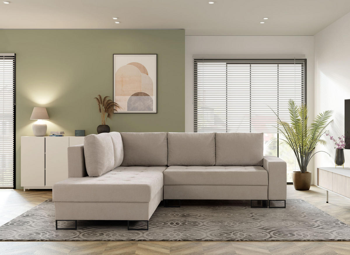 ECKSOFA mit Schlaffunktion Links Beige Chenille - 245x200 cm - Trevi - Beige/Schwarz, Holz/Holzwerkstoff (245/200cm) - Ravio