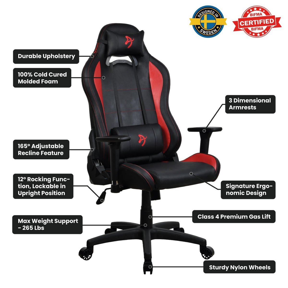 GAMINGSTUHL Torretta SoftPU™ Schwarz/Rot - Rot/Schwarz, Kunststoff/Metall (70/135/50cm) - Arozzi