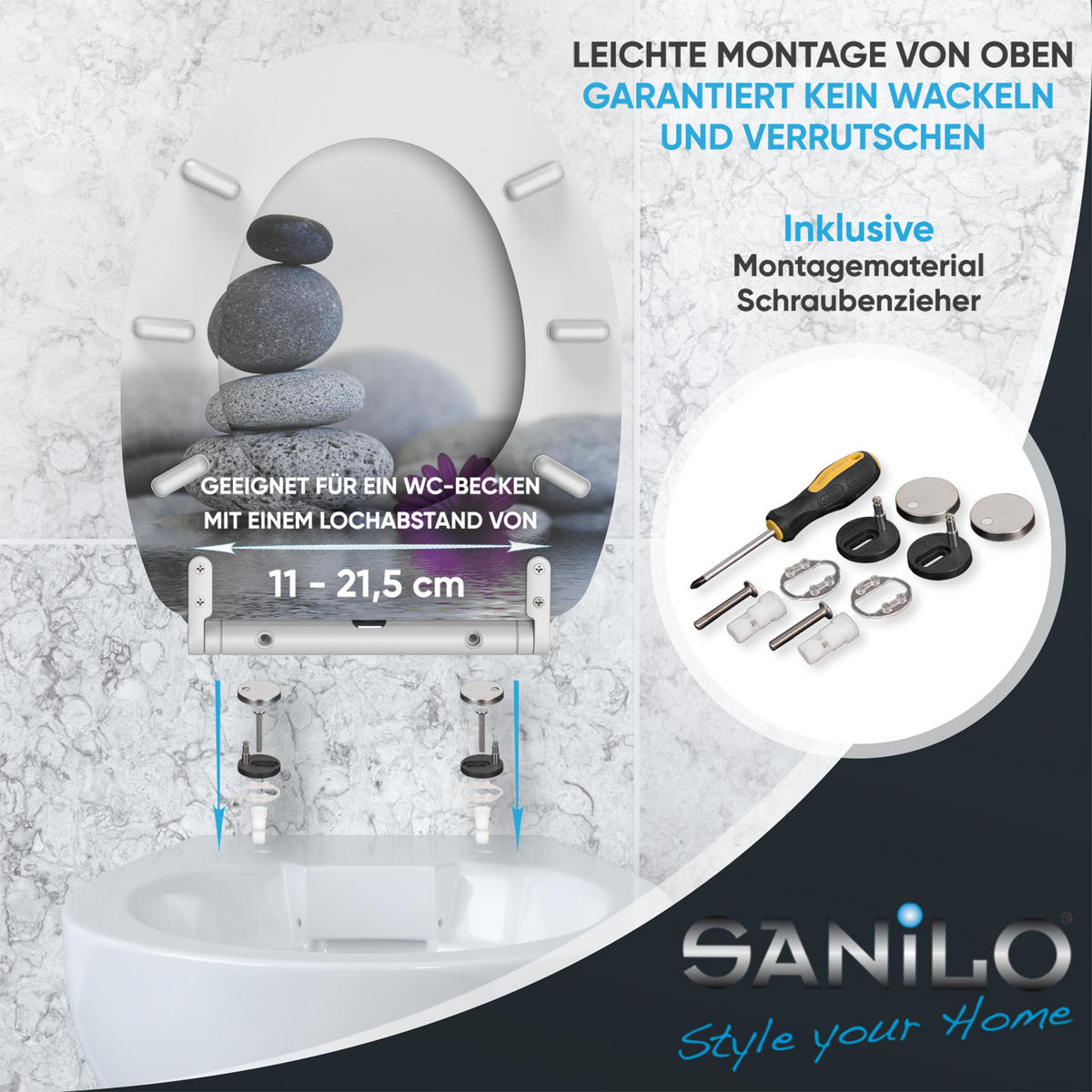 WC-SITZ mit Absenkautomatik & Top Fix Energy Stones - Violett, Holzwerkstoff (37.7/5.5/48cm) - Sanilo